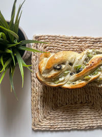 High angle view of wicker basket on table