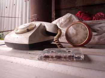 Close-up of old vintage car on table