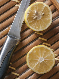 High angle view of lemon slice on table