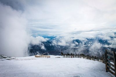 Scenic view of snow covered mountains against sky