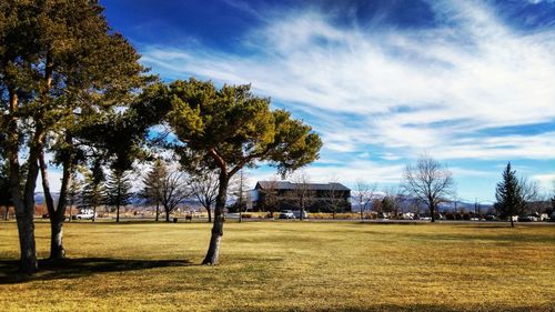 Scenic view of grassy field against cloudy sky