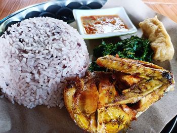 High angle view of food in plate on table