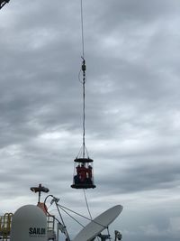 Low angle view of overhead cable car against sky