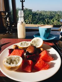 Close-up of breakfast served on table