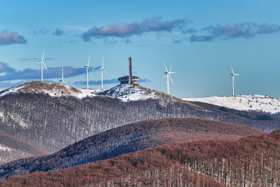 Panoramic view of wind turbines on land