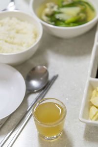 High angle view of meal served on table