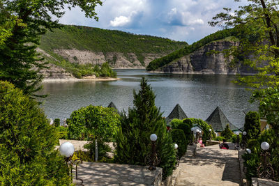 Plants growing by lake against sky