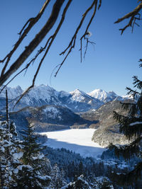 Scenic view of mountains against sky during winter