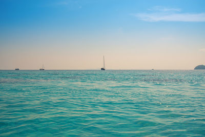 Sailboat sailing in sea against sky