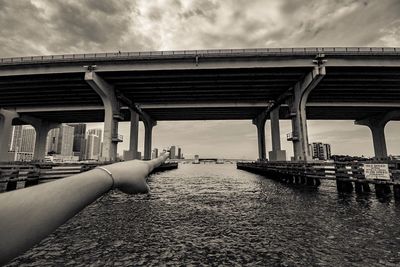 View of bridge over river against cloudy sky