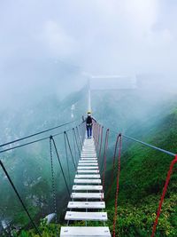 Rear view of men on staircase by mountain