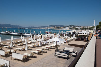 Boats moored in swimming pool against clear blue sky