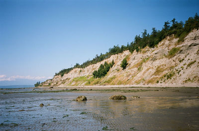 Scenic view of mountains against clear blue sky