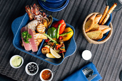 High angle view of meal served on table