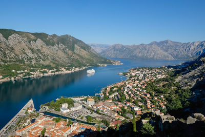 Scenic view of sea and mountains against clear blue sky