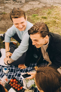 High angle view of male friends talking while sitting on picnic blanket