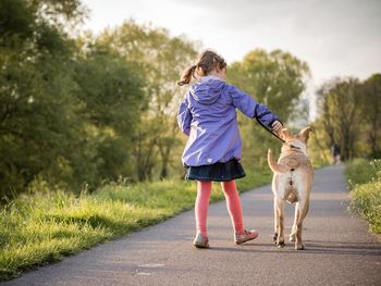 Rear view of people walking on country road