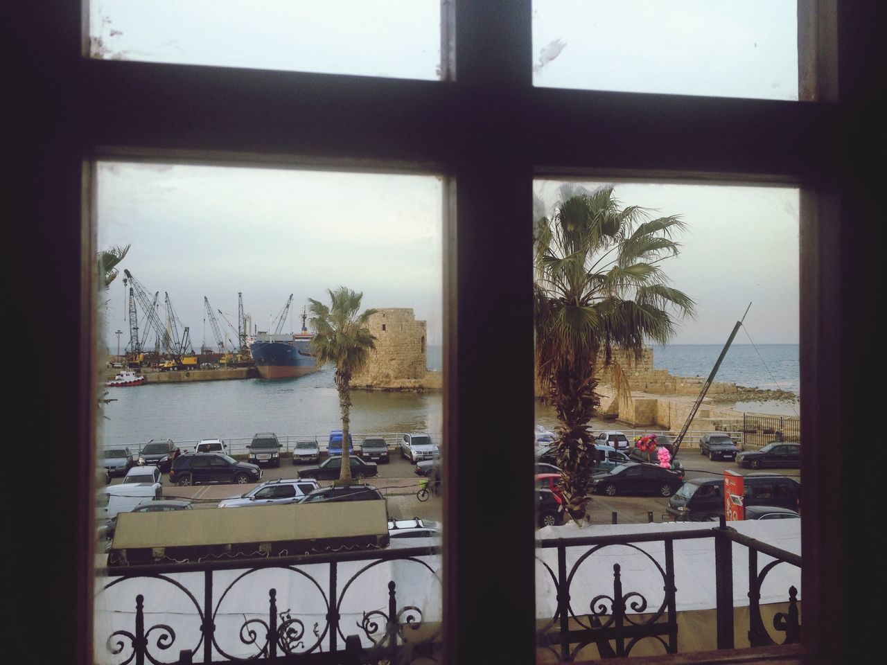 SCENIC VIEW OF PALM TREES SEEN THROUGH WINDOW