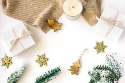 High angle view of christmas decoration on table