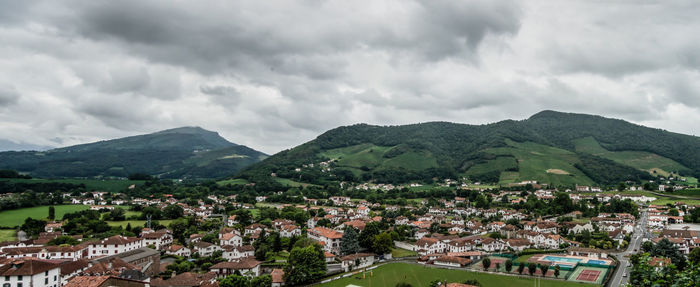 High angle view of cityscape against cloudy sky