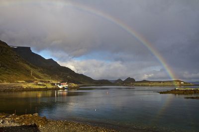 Scenic view of rainbow over river against sky