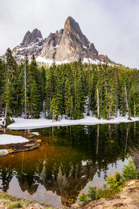 Scenic view of lake by snowcapped mountains against sky