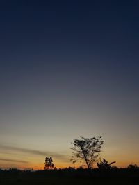 Silhouette trees on field against sky at sunset