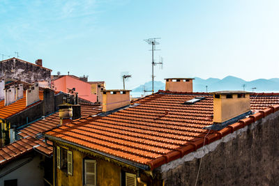 High angle view of houses against sky