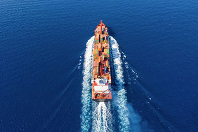 High angle view of ship in sea