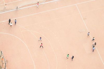 High angle view of people on soccer field