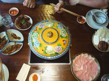 High angle view of food served on table