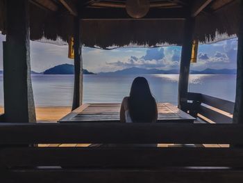 Rear view of woman sitting by window in sea