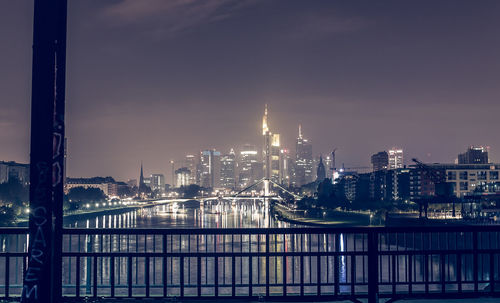 View of city lit up at night