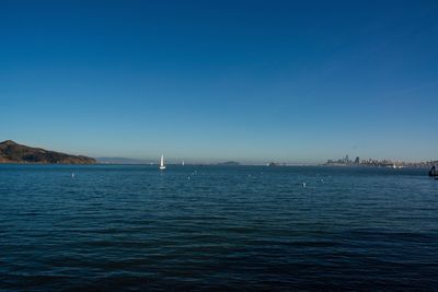 Scenic view of sea against clear blue sky