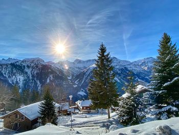 Snow covered landscape against bright sun