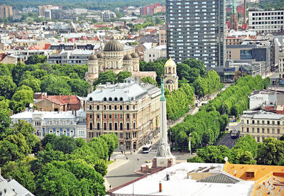 High angle view of buildings in city