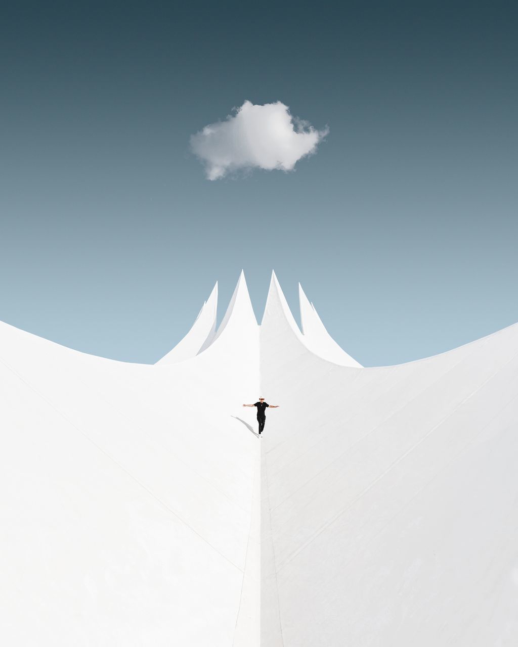 sky, nature, low angle view, one person, cloud - sky, day, outdoors, beauty in nature, sunlight, real people, flying, lifestyles, tranquility, landscape, blue, leisure activity, white color, scenics - nature, idyllic, digital composite