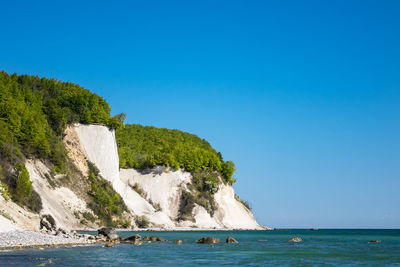 Scenic view of sea against clear blue sky