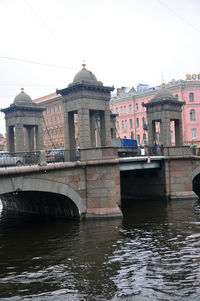 Bridge over river against buildings in city