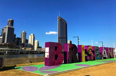 Panoramic view of modern buildings against clear blue sky