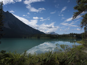 Scenic view of calm lake against cloudy sky