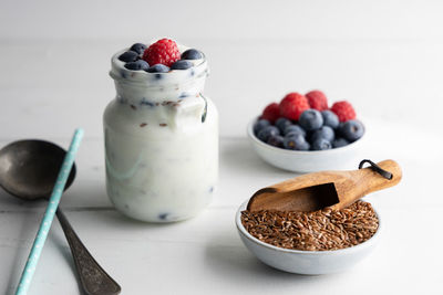 Close-up of breakfast served on table