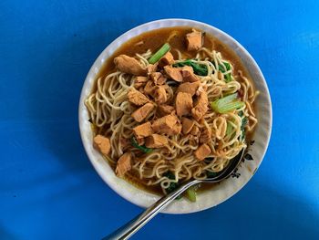 High angle view of meal served on table