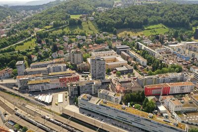 High angle view of buildings in city