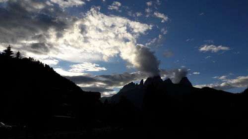 Low angle view of silhouette mountains against sky