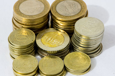 High angle view of coins