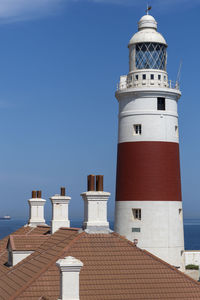 Lighthouse by building against clear blue sky