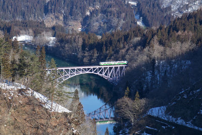 Bridge over trees by mountains during winter