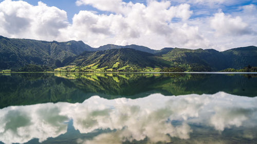 Scenic view of lake and mountains against sky