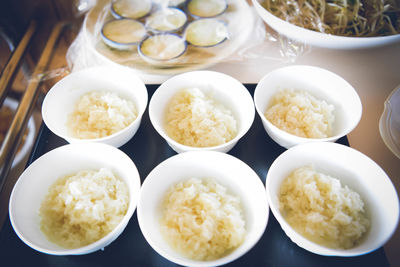 High angle view of food served on table